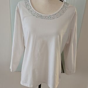 Chic White Blouse with Silver  And Blue Accents